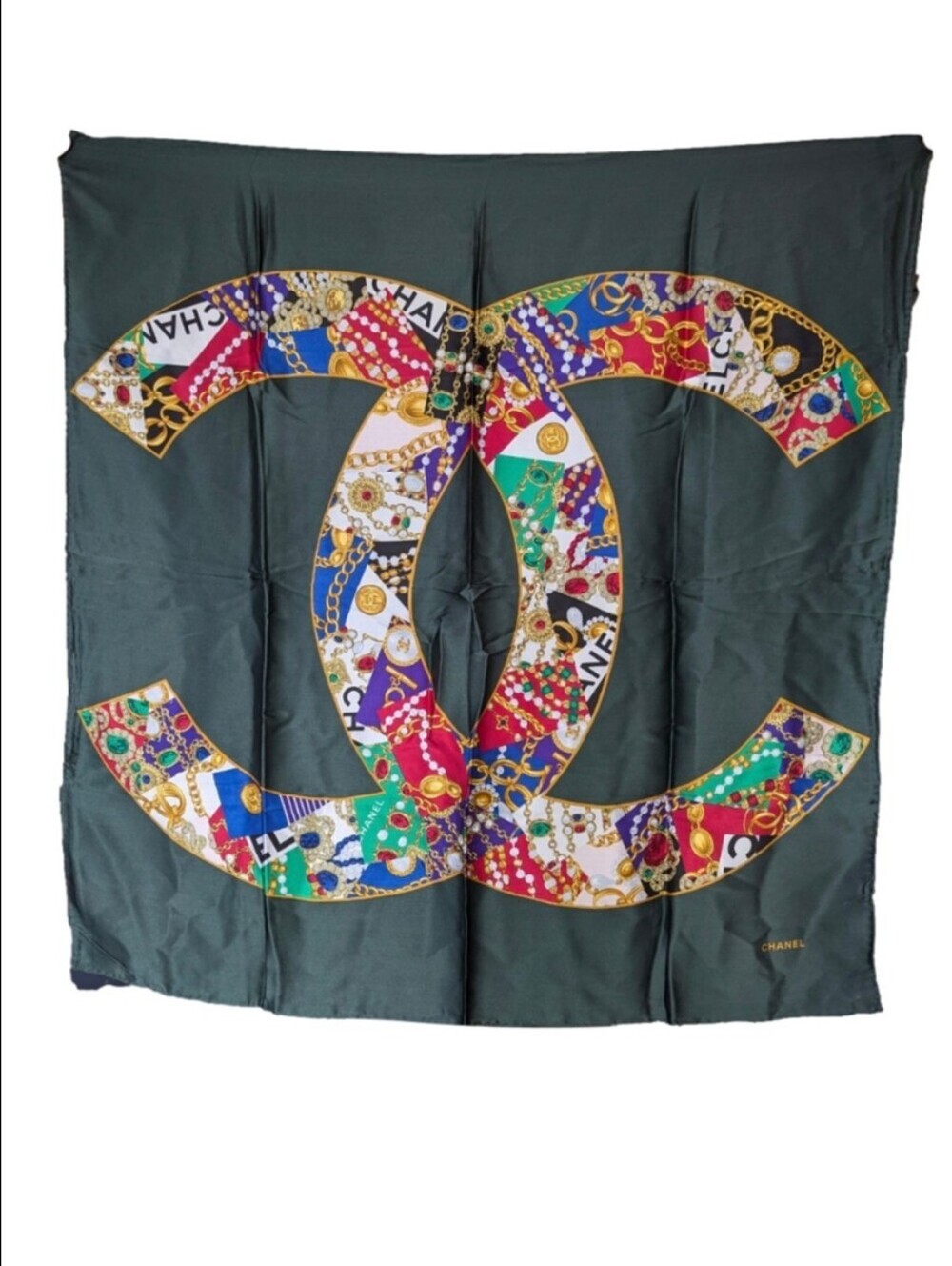Chanel Large 100% Silk Bijoux Scarf Rare Dark Green with Jewel Monogram CC